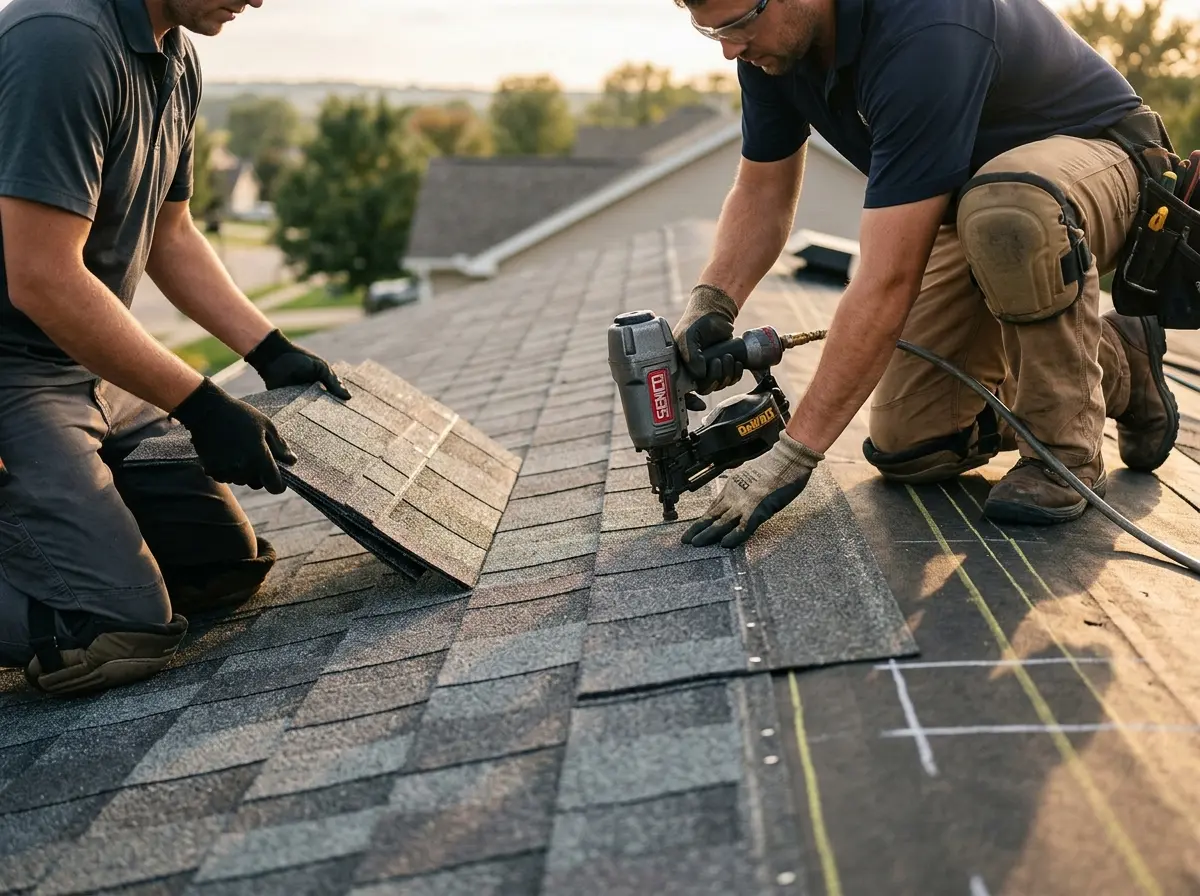Professional roofer working on a residential roof in South Laurel
